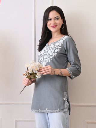 Grey Cotton Blend Embroidered Short Kurta