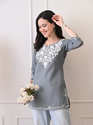 Grey Cotton Blend Embroidered Short Kurta
