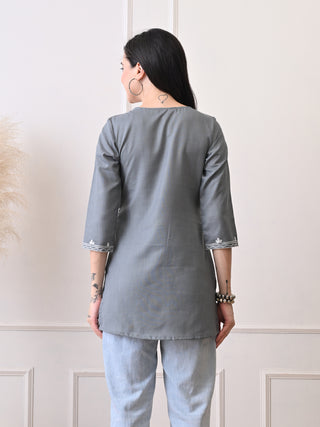 Grey Cotton Blend Embroidered Short Kurta