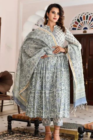 Grey & White Viscose Floral Print A Line Suit Set with Chanderi Cotton Dupatta