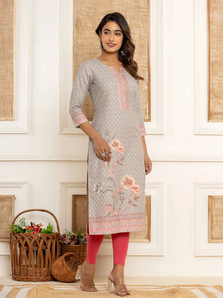 Grey Cotton Ethnic Motif Woven Design, Digital Print & Zari Detailing A Line Kurta