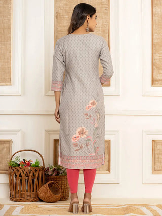 Grey Cotton Ethnic Motif Woven Design, Digital Print & Zari Detailing A Line Kurta