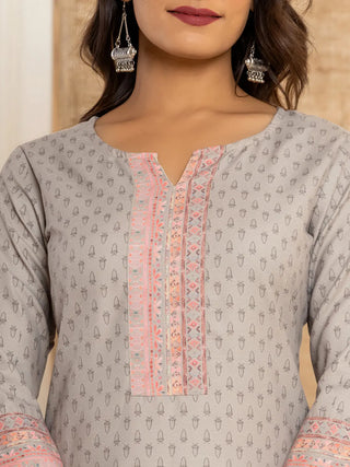 Grey Cotton Ethnic Motif Woven Design, Digital Print & Zari Detailing A Line Kurta