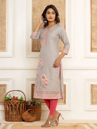 Grey Cotton Ethnic Motif Woven Design, Digital Print & Zari Detailing A Line Kurta