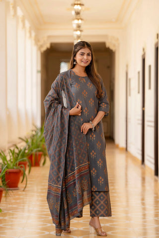 Grey Cotton Ethnic Motif Print Straight Shape Suit Set with Dupatta