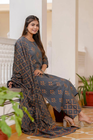 Grey Cotton Ethnic Motif Print Straight Shape Suit Set with Dupatta