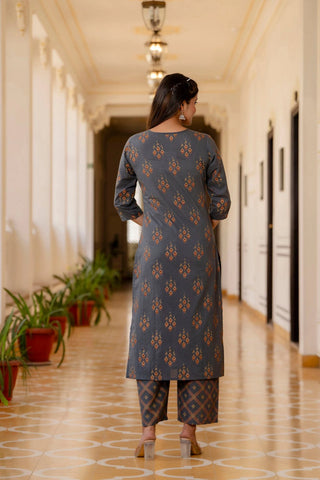 Grey Cotton Ethnic Motif Print Straight Shape Suit Set with Dupatta