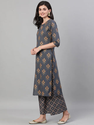 Grey Cotton Ethnic Motif Print Straight Shape Suit Set with Dupatta