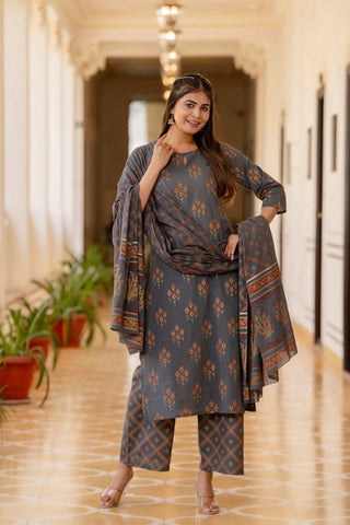 Grey Cotton Ethnic Motif Print Straight Shape Suit Set with Dupatta