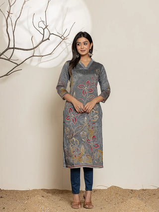 Grey Silk Blend Floral Printed Kurta