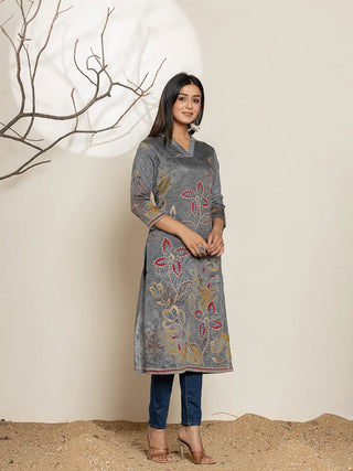 Grey Silk Blend Floral Printed Kurta