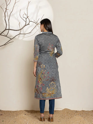 Grey Silk Blend Floral Printed Kurta