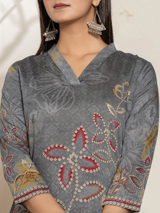 Grey Silk Blend Floral Printed Kurta