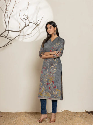 Grey Silk Blend Floral Printed Kurta