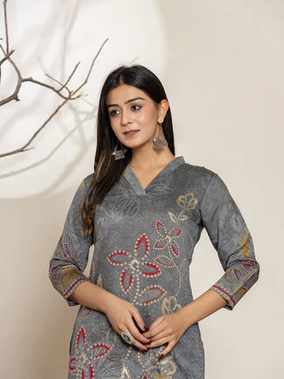 Grey Silk Blend Floral Printed Kurta