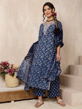 Indigo Cotton Printed & Embroidered Suit Set with Dupatta