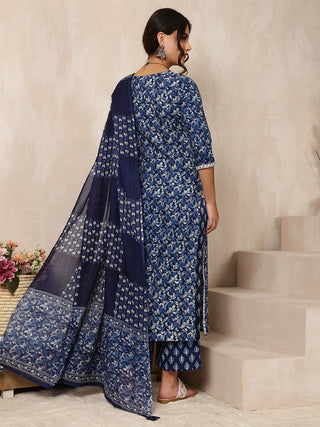 Indigo Cotton Printed & Embroidered Suit Set with Dupatta