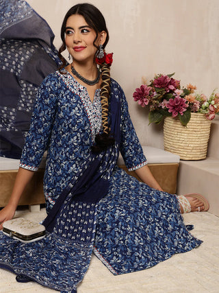 Indigo Cotton Printed & Embroidered Suit Set with Dupatta