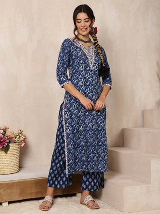 Indigo Cotton Printed & Embroidered Suit Set with Dupatta