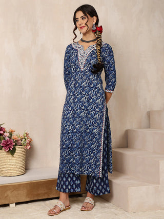 Indigo Cotton Printed & Embroidered Suit Set with Dupatta