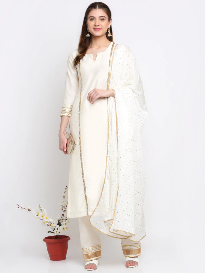 Cotton Silk Ivory Foil, Gota & Zari Detailing Suit Set with Georgette Dupatta
