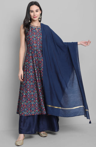 Blue  Muslin Kurta With Palazzo & Dupatta