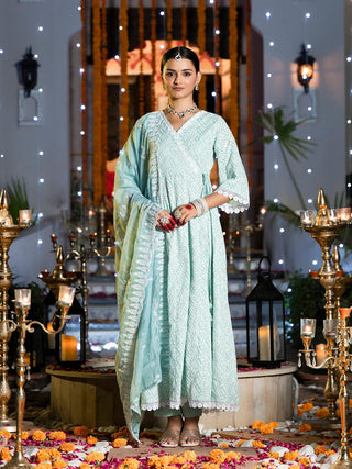 Cotton Sea Green Chikankari Sequins Embroidered Angrakha Style Anarkali Set With Organza Dupatta