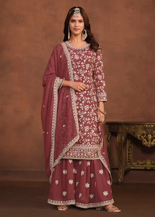 Faux Georgette Taupe Mauve Embroidered Suit Set