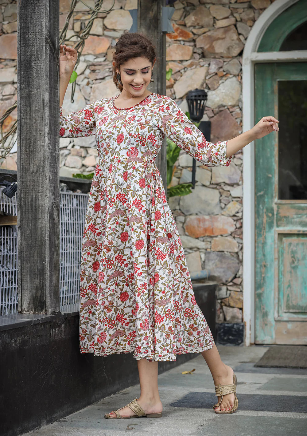 red floral cotton dress Red Square Neck Floral Midi Dress
