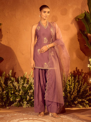 Lavender Viscose Chanderi Embroidered Ethnic Straight Kurta Set with Dupatta
