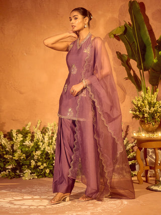 Lavender Viscose Chanderi Embroidered Ethnic Straight Kurta Set with Dupatta