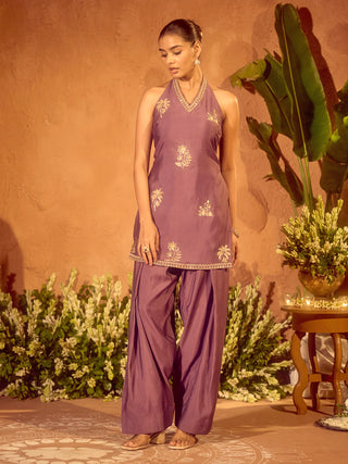 Lavender Viscose Chanderi Embroidered Ethnic Straight Kurta Set with Dupatta