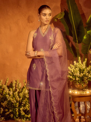 Lavender Viscose Chanderi Embroidered Ethnic Straight Kurta Set with Dupatta