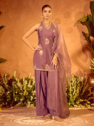 Lavender Viscose Chanderi Embroidered Ethnic Straight Kurta Set with Dupatta