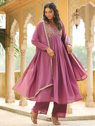 Lavender Georgette Yoke Embroidered A Line Suit Set with Dupatta