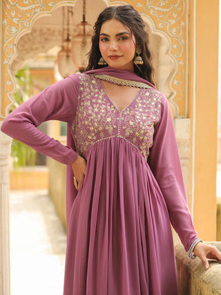 Lavender Georgette Yoke Embroidered A Line Suit Set with Dupatta