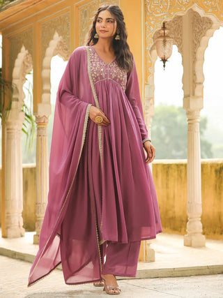 Lavender Georgette Yoke Embroidered A Line Suit Set with Dupatta