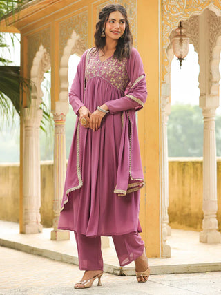 Lavender Georgette Yoke Embroidered A Line Suit Set with Dupatta