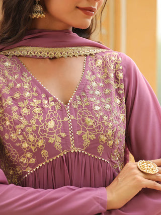 Lavender Georgette Yoke Embroidered A Line Suit Set with Dupatta