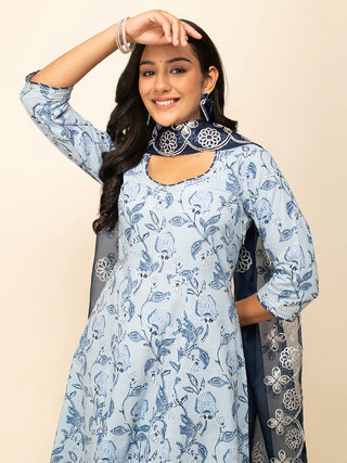 Blue Cotton Leaf Print A Line Suit Set with Gota Lace Work Organza Dupatta