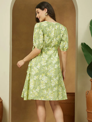 Light Green Pure Cotton Floral Print A-Line Dress