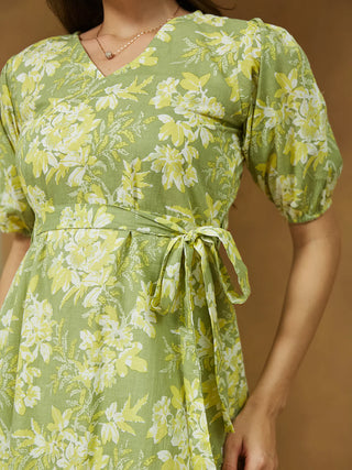 Light Green Pure Cotton Floral Print A-Line Dress