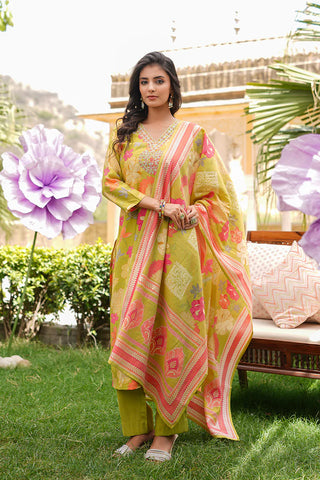 Lime Green Viscose Floral Print & Embroidered Straight Shape Suit Set with Dupatta