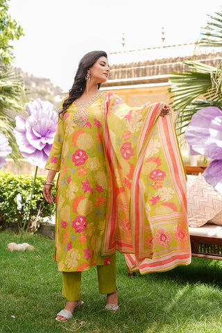 Lime Green Viscose Floral Print & Embroidered Straight Shape Suit Set with Dupatta