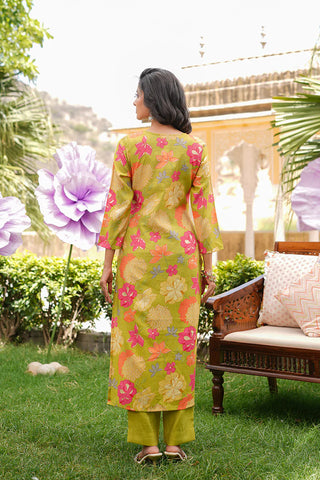 Lime Green Viscose Floral Print & Embroidered Straight Shape Suit Set with Dupatta