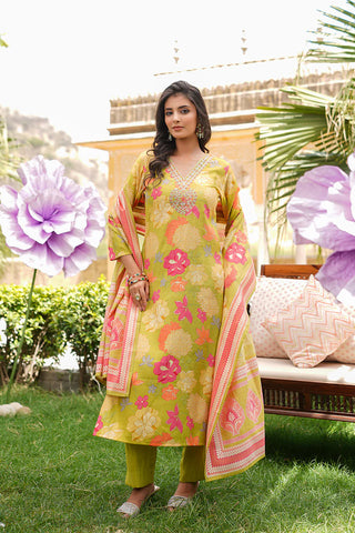 Lime Green Viscose Floral Print & Embroidered Straight Shape Suit Set with Dupatta