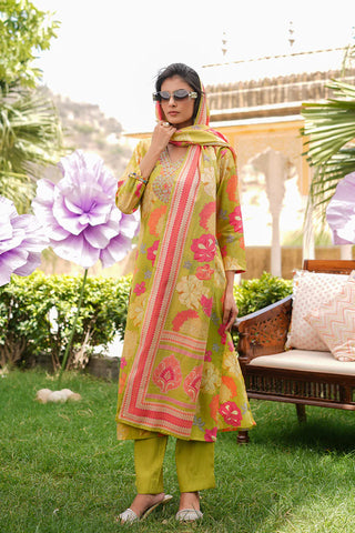 Lime Green Viscose Floral Print & Embroidered Straight Shape Suit Set with Dupatta