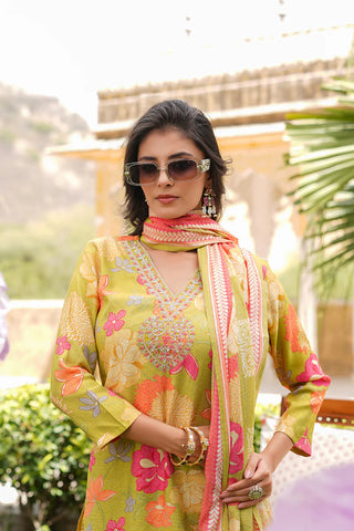 Lime Green Viscose Floral Print & Embroidered Straight Shape Suit Set with Dupatta
