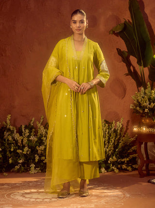 Lime Green Viscose Chanderi Embroidered & Gota Patti Work Ethnic A-Line Kurta Set with Dupatta
