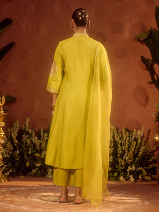 Lime Green Viscose Chanderi Embroidered & Gota Patti Work Ethnic A-Line Kurta Set with Dupatta